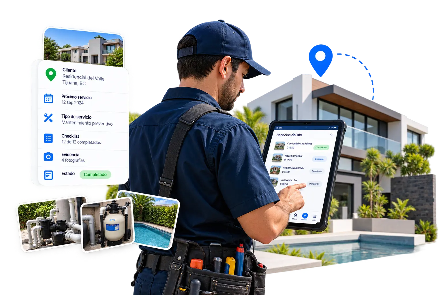 Técnico utilizando EMMA Field Service durante un servicio en campo