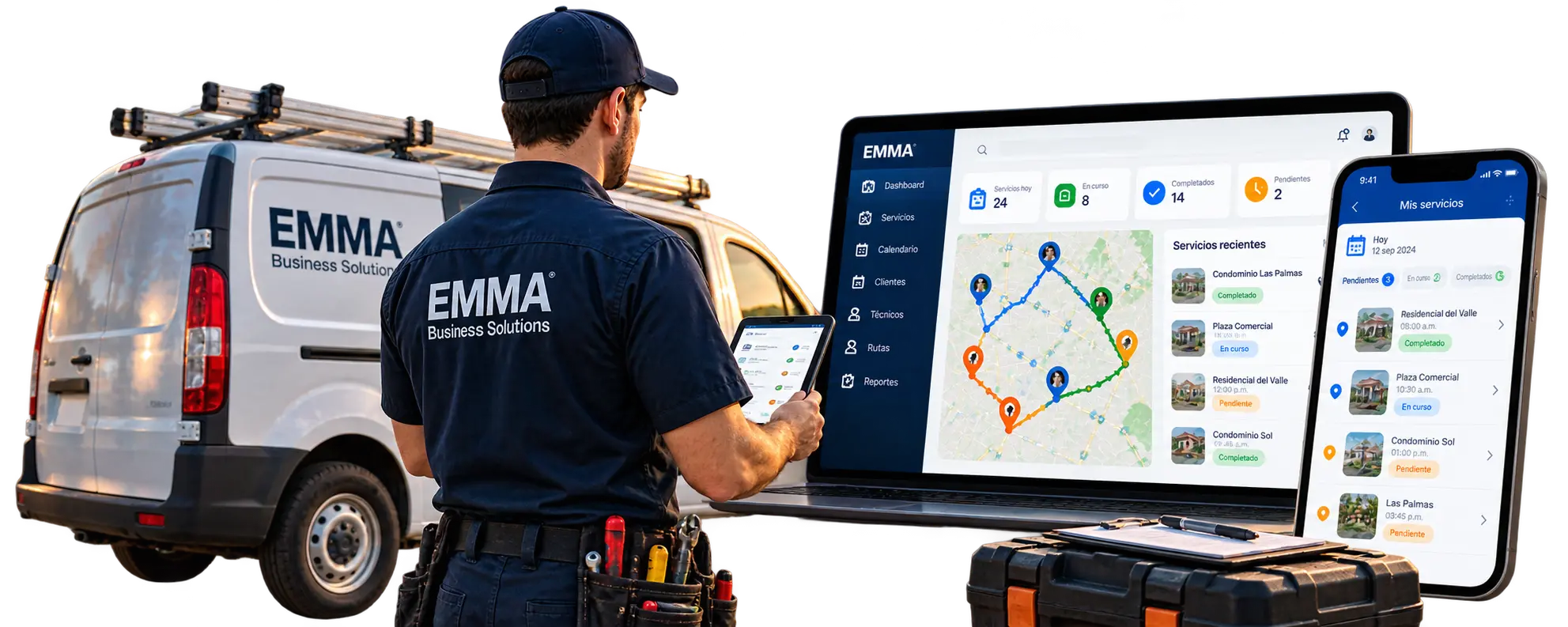 Operación de EMMA Field Service conectando técnicos, rutas y servicios