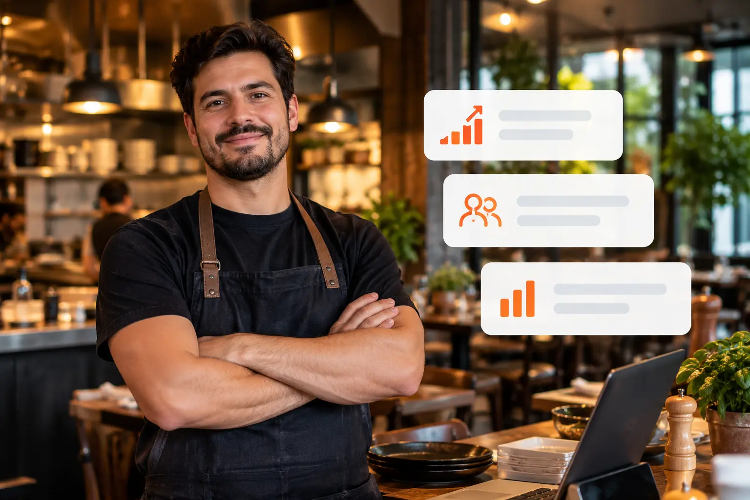 Propietario de restaurante utilizando herramientas digitales para hacer crecer su negocio