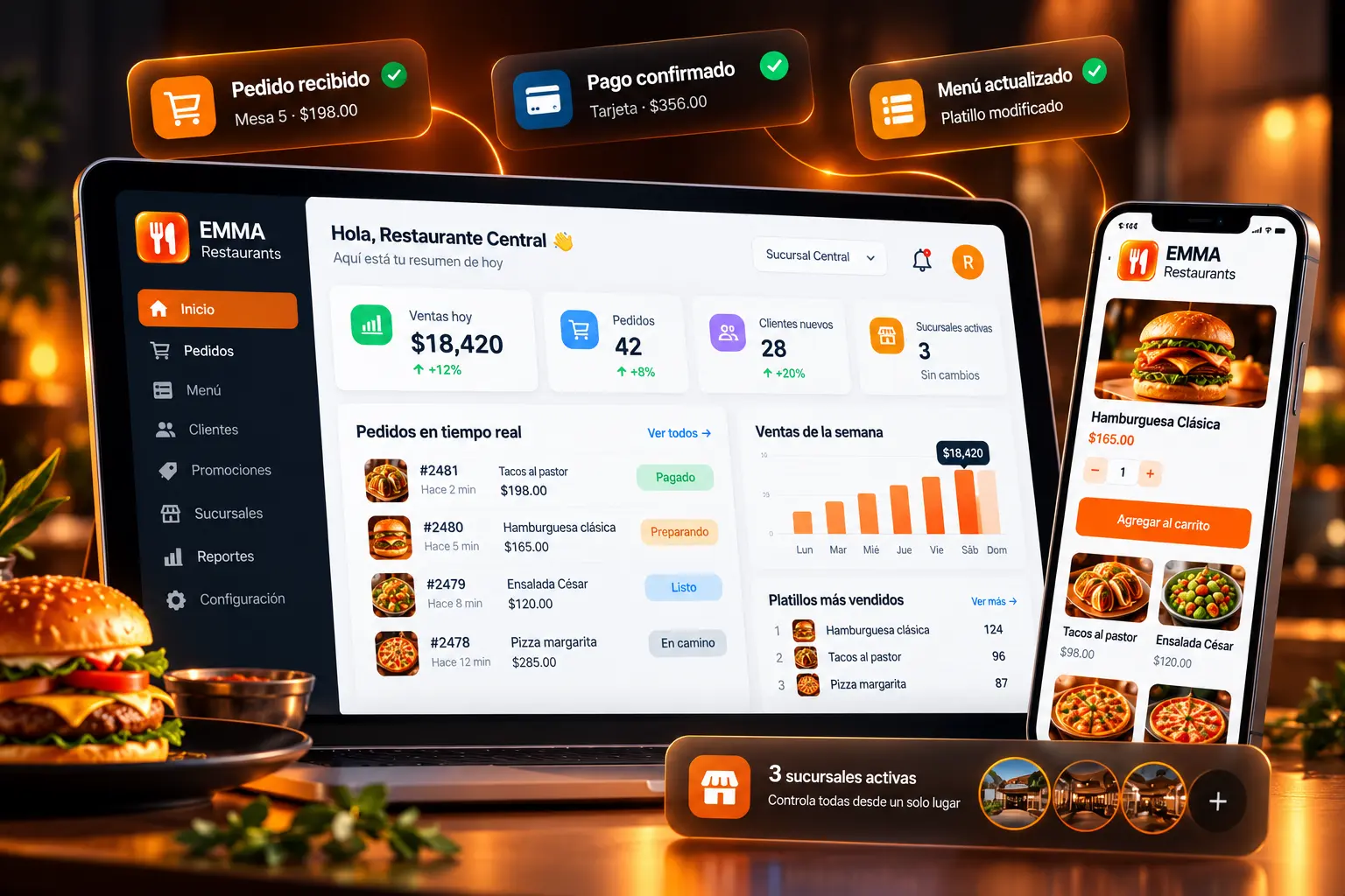Panel de EMMA Restaurants para gestionar pedidos, ventas y sucursales