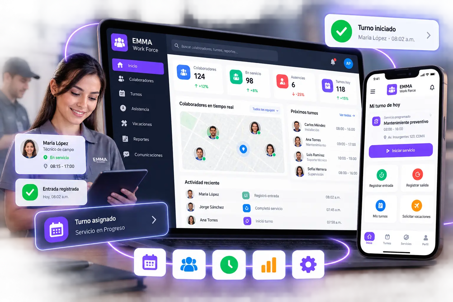 Panel de EMMA Work Force para gestionar colaboradores, turnos y asistencia